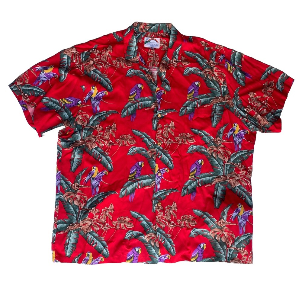 Vintage Paradise Found Hawaiian Shirt Mens 2XL Red Magnum PI Parrot